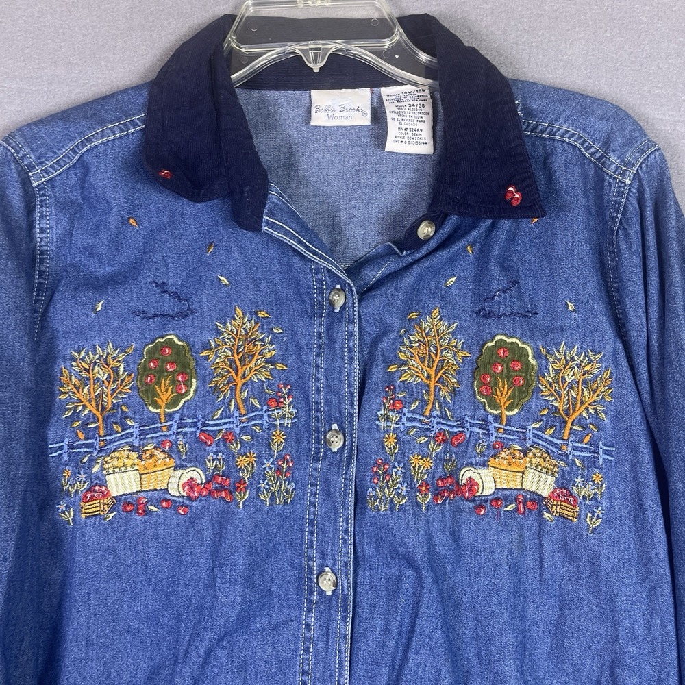 Vintage Bobbie Brooks Woman 14W-16W Blue Denim Shirt with Fall Autumn Embroidery